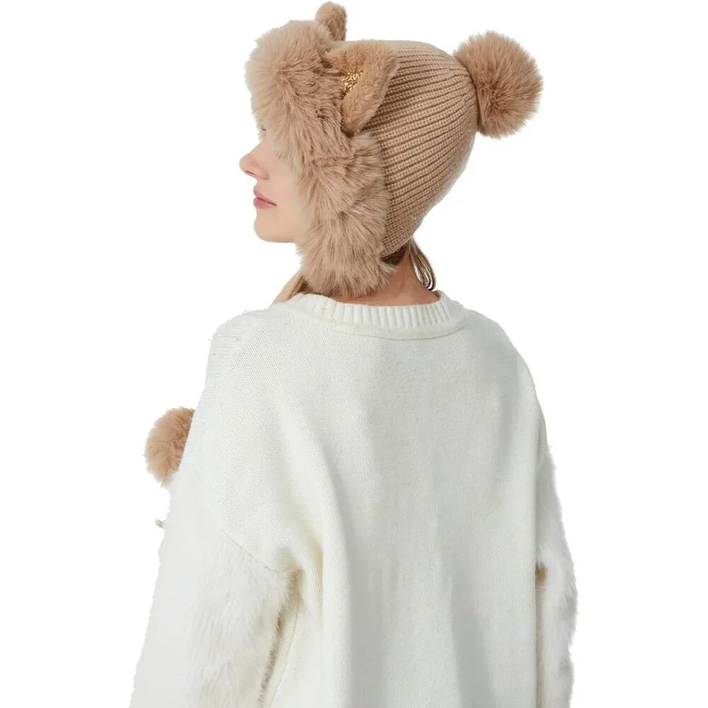 Women Khaki Solid Winter Peruvian Cover Ears Beanie Hat Ear Flaps Sherpa Snow